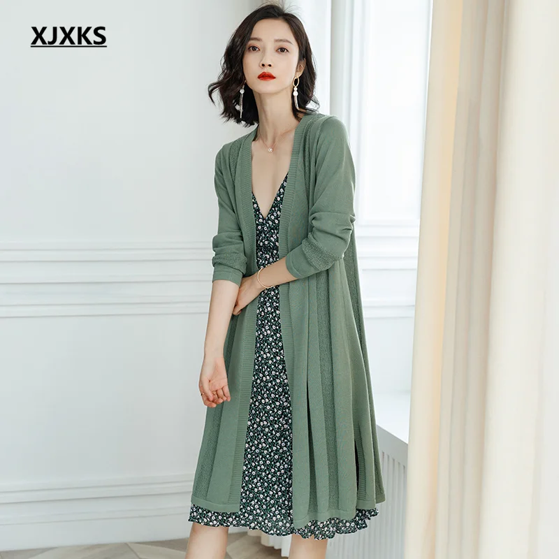 

XJXKS Fashion V-neck Women's Long Cardigan 2022 Summer New Loose Large Size Comfortable Sunscreen Female Knitted Sweater Coat