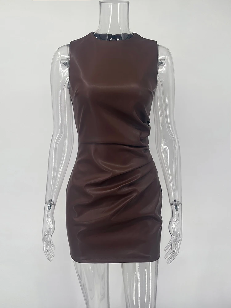TARUXY Sleeveless Leather Maxi Dress For Women Tight Pleated Sexy Hip-Hugging Dress Vestido Solid High Waist Party Female Dress 6