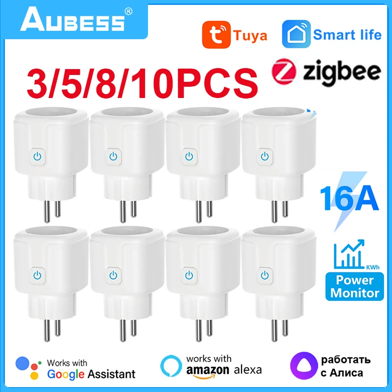 Zigbee-tuya Smart Life App Soquete 16a Soquete ue Controle de Voz Monitor de Alimentação Sincronismo Funciona com Alexa Google Assistant Alice