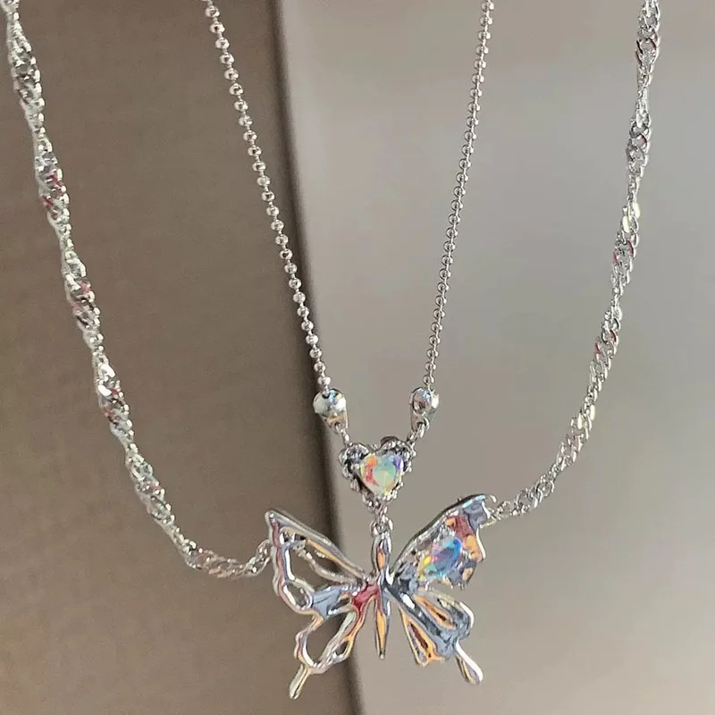 Y2K Butterfly Necklace for Women Girls Silver Color Crystal