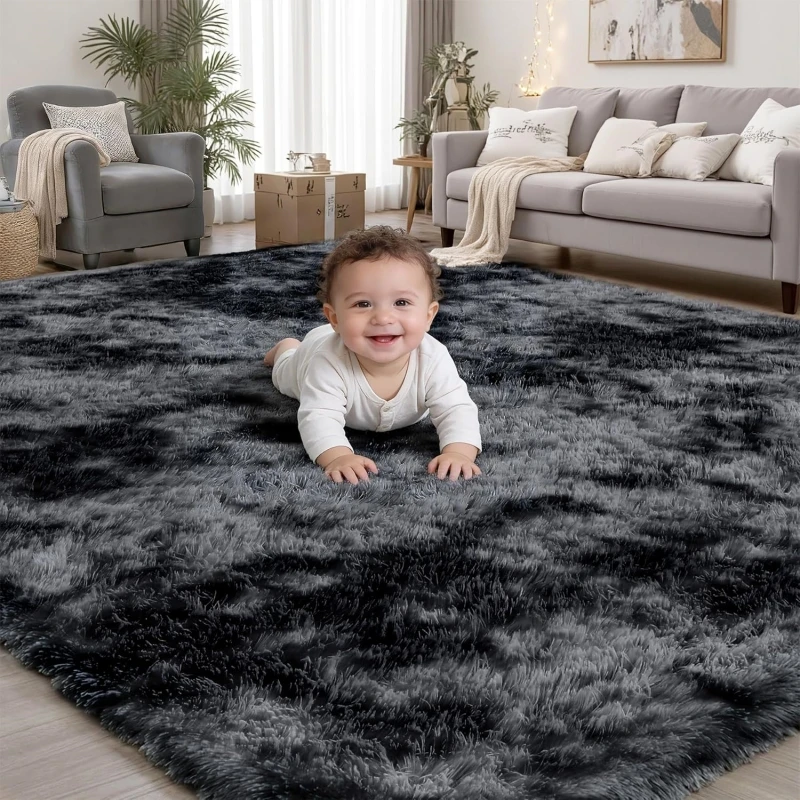 Luxurious Grey Tie-Dye Shaggy Fluffy Rug - Ultra Soft Non-Slip Plush Carpet