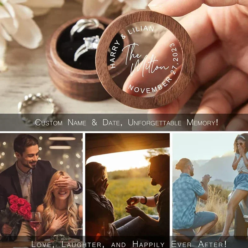 Customized Walnut Wood Round Ring Box with Clear Cover - Free Name and Date Engraving