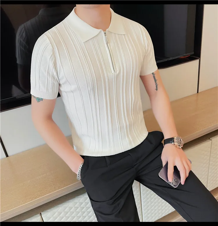 Summer Striped Knitted Polo Shirt for Men Short Sleeve Lapel Knitwear Male Casual Business POLO T-shirts Social Streetwear Tee 38 S7c65d758000d40a0a093750143a975feF