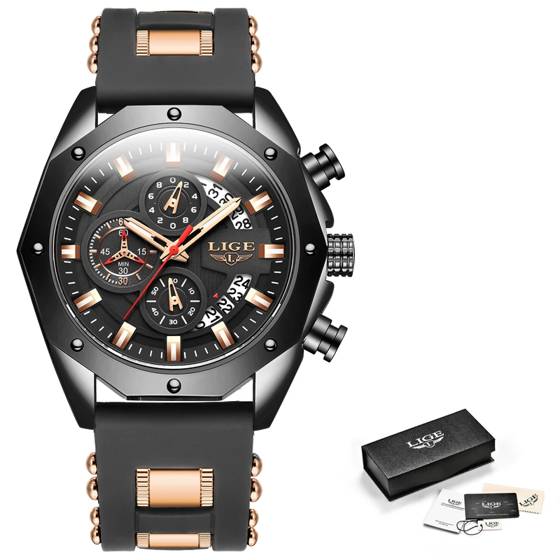 2022 LIGE New Fashion Mens Watches Top Brand Luxury Silicone Sport Watch Men Quartz Date Clock Waterproof Wristwatch Chronograph 