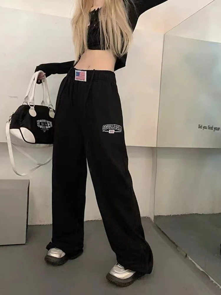 QWEEK Women Y2k Baggy Sweatpants Vintage High Waist Hip Hop Oversize Pants Gray Streetwear Casual Korean Fashion Wide Trousers