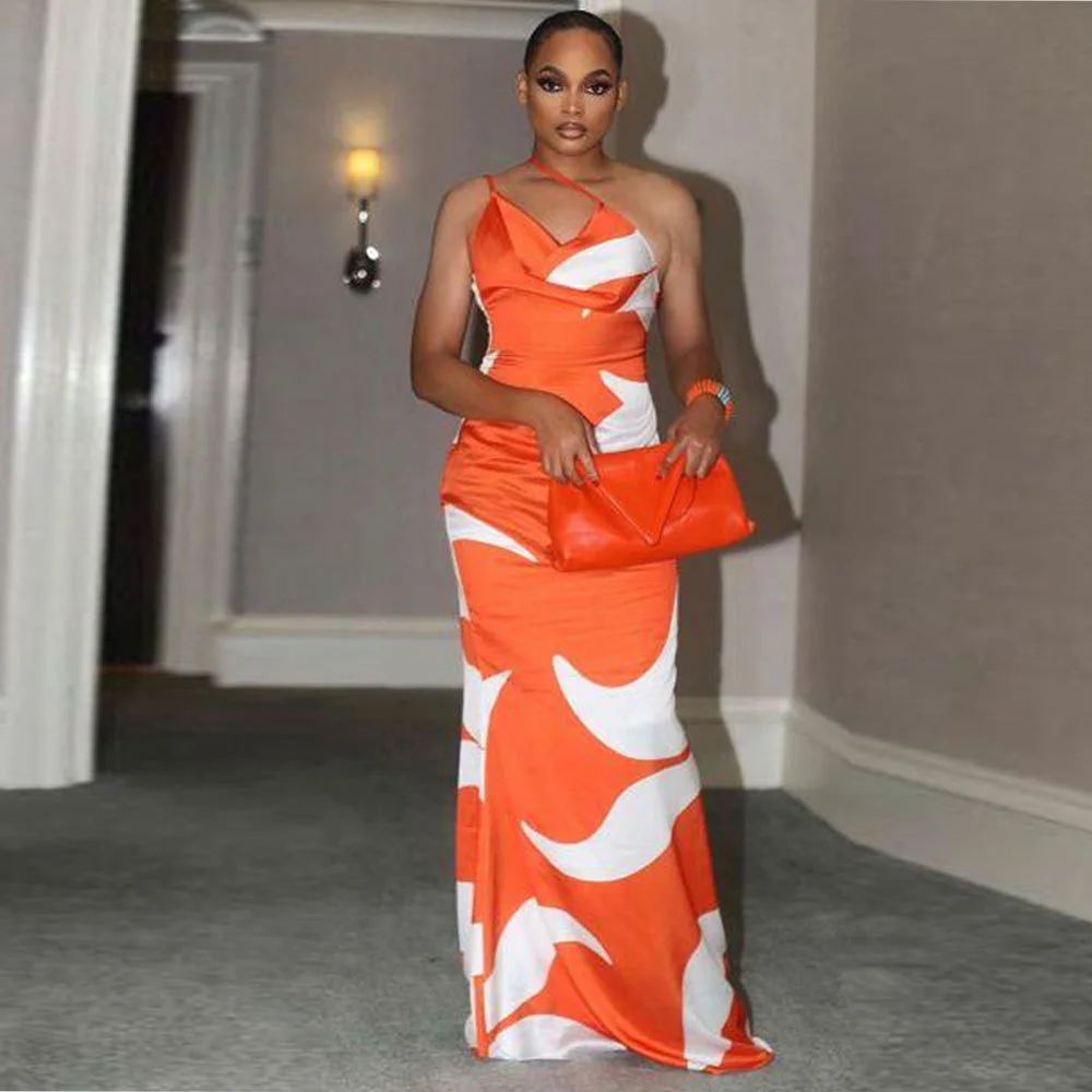 

Zoctuo Print Orange Party Long Dresses Women 2023 New Slim Prom Dress Elegant Strap Sleeveless Bodycon Club Evening Gowns