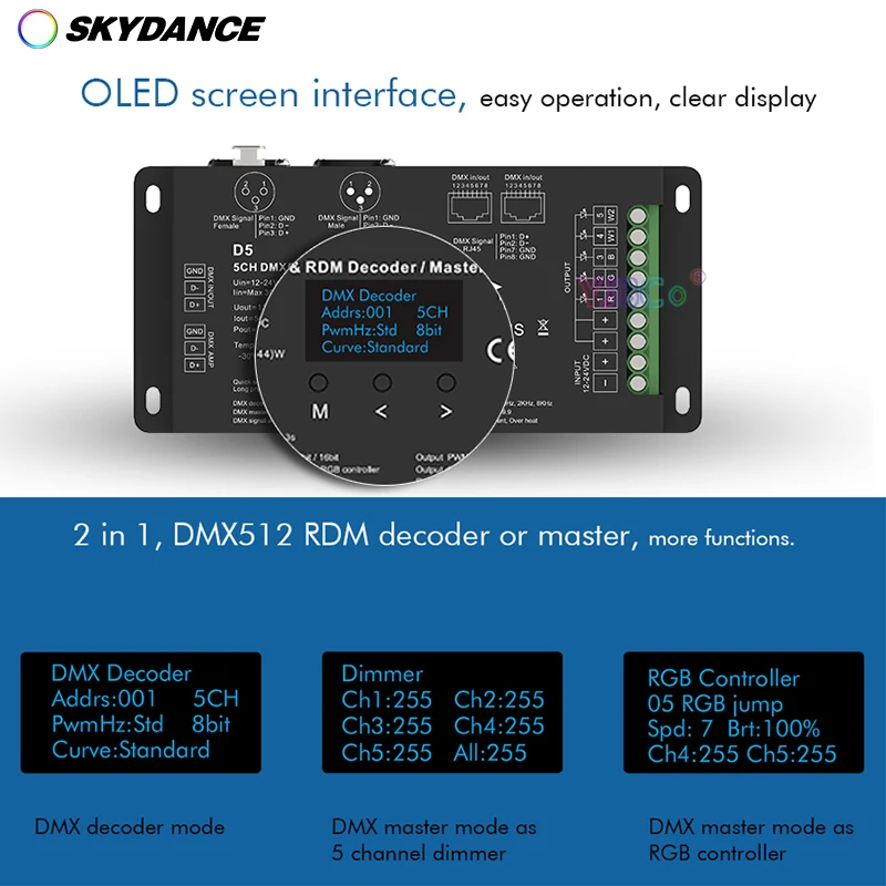 12V-24V Dc 6A * 5Ch Dmx 512 Controller Led Rbgwc Rdm Decoder Per Rgb + Cct Led Strip Tape Xlr3 Rj45 Display Oled 4- Pwm Rdm 8/16 Bit