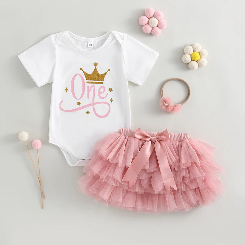 

2023-03-14 Lioraitiin 0-18M Newborn Baby Girls 3Pcs Sweet Outfit Sets White Short Sleeve Letter Print Romper Pink Tulle Skirt