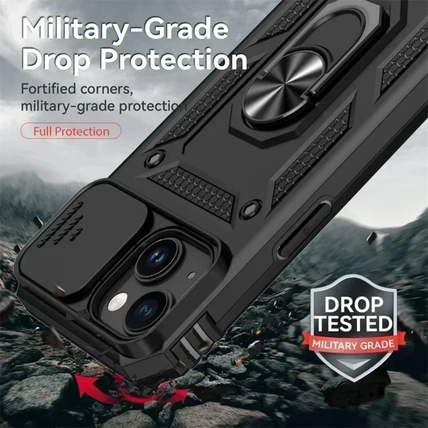 Armor Case with Rotating Ring Stand and Slide Camera Lens Cover - Military Grade Protection