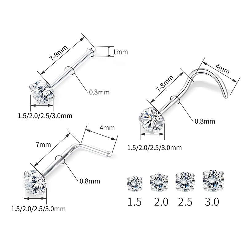 Cubic Zirconia Nose Studs I L Shaped Shiny Crystal Bone Nostril Piercing Jewelry 8pcs 1.5/2/2.5/3mm