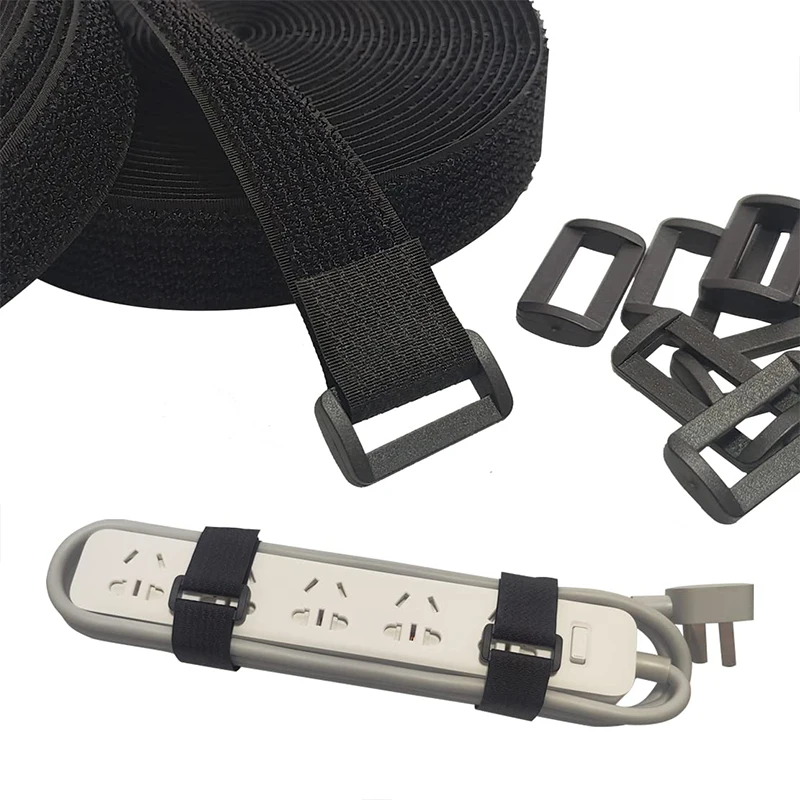 5M Hook And Loop Fastener Tape With Plastic Buckles Adjustable Cable Straps Free Cut Length Nylon Securing Cord Ties