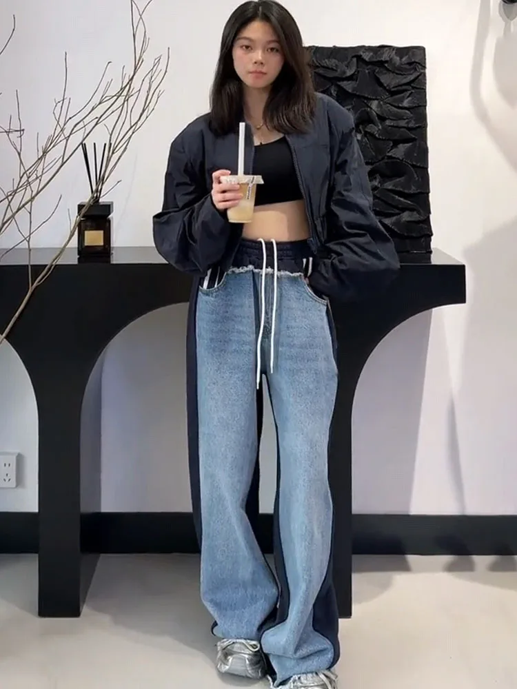 Retro Faionable Slimming Elastic Waist Straight Leg Denim Sweatpants Women's Loose Color Blo Casual Pants High Waist