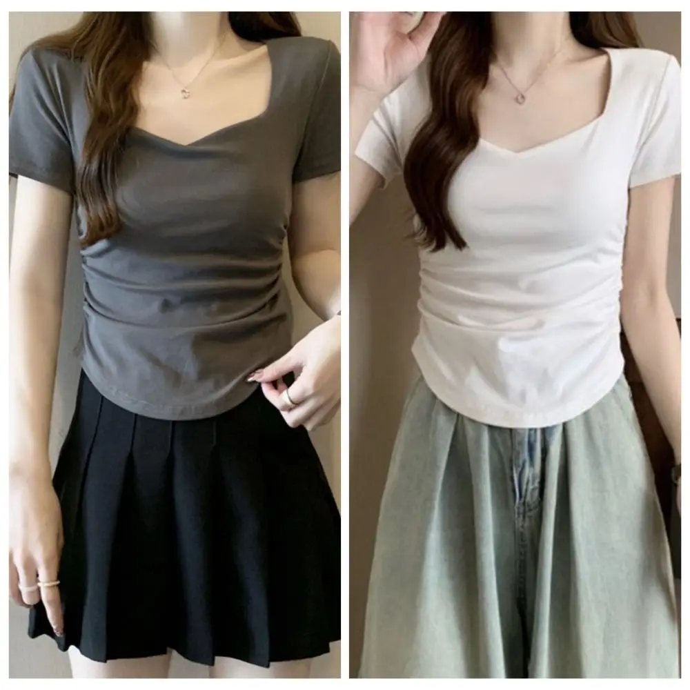 Sweet Slim Fit Y2K Crop Tops Pleated Short Sleeves Korean T-shirt Summer Women Clothing Solid Short T-shirt Ladies