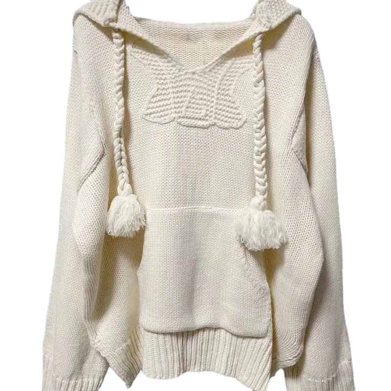

Hooded Knitted Sweater Women 2022 Fall Winter New Female Retro Jumper Loose Cream-coloured Solid Color Long Sleeve Pullover Tops