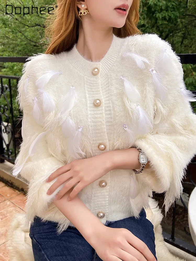 

Temperament Feather Beaded Knitted Cardigan Coat 2023 Winter New French Style Long Sleeve Imitation Mink Sweaters for Women
