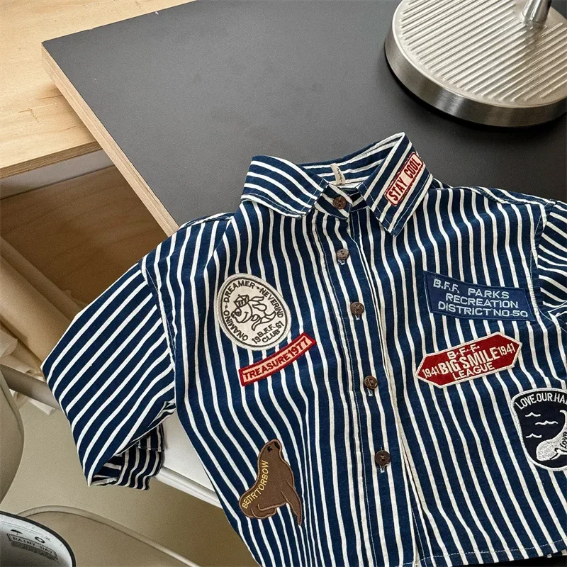 4034 Children Shirt Autumn Korean Embroidered Boy's Shirts Coat Cartoon 1-7Year Girl's Blouse Tops