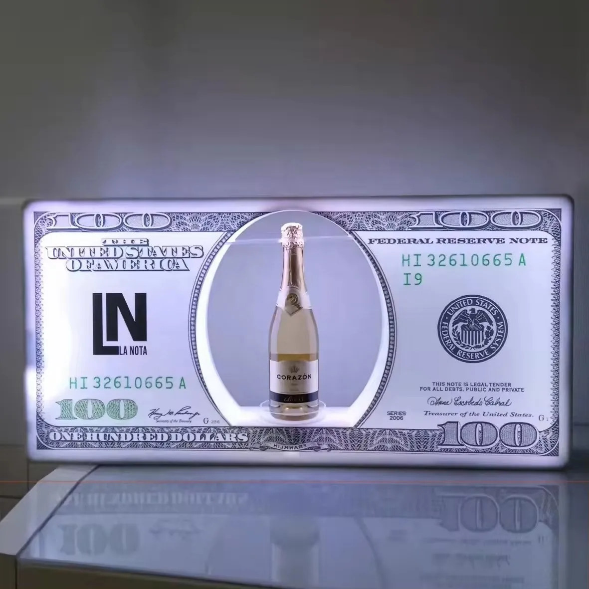 Rechargeable LED Lighted US dollar Bottle Presenter Black Card Glorifier VIP Sign for Wedding Birthday Party Light