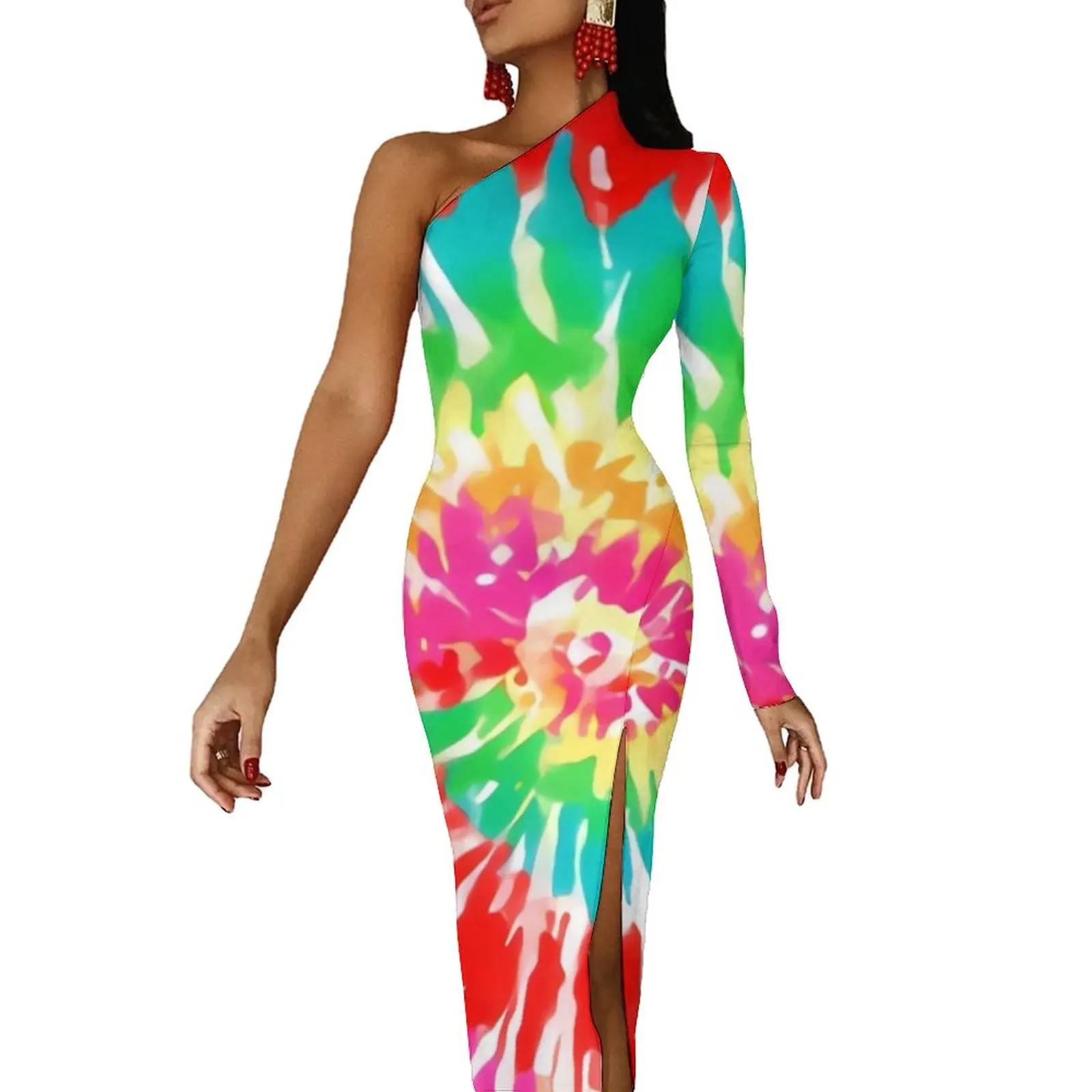 

Red Tie Dye Long Dress Women Hippy Swirl Print Street Wear Maxi Dress Summer Pretty Bodycon Dresses High Slit Custom Vestido