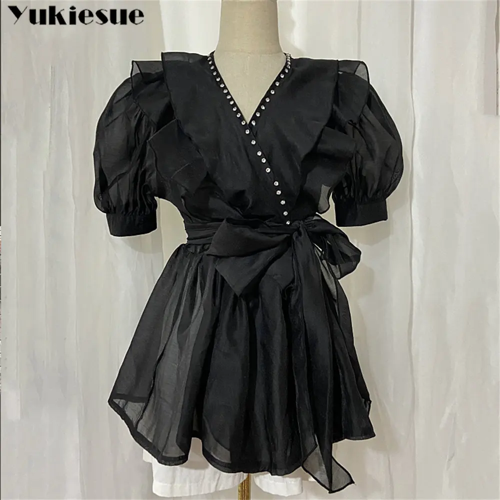 

2022 Summer Fashion Elegant Women's Puff Short Sleeve Ruffles Loose Blouses Tops Vintage Chic leisure V-Neck Lace-Up Bow Shirts