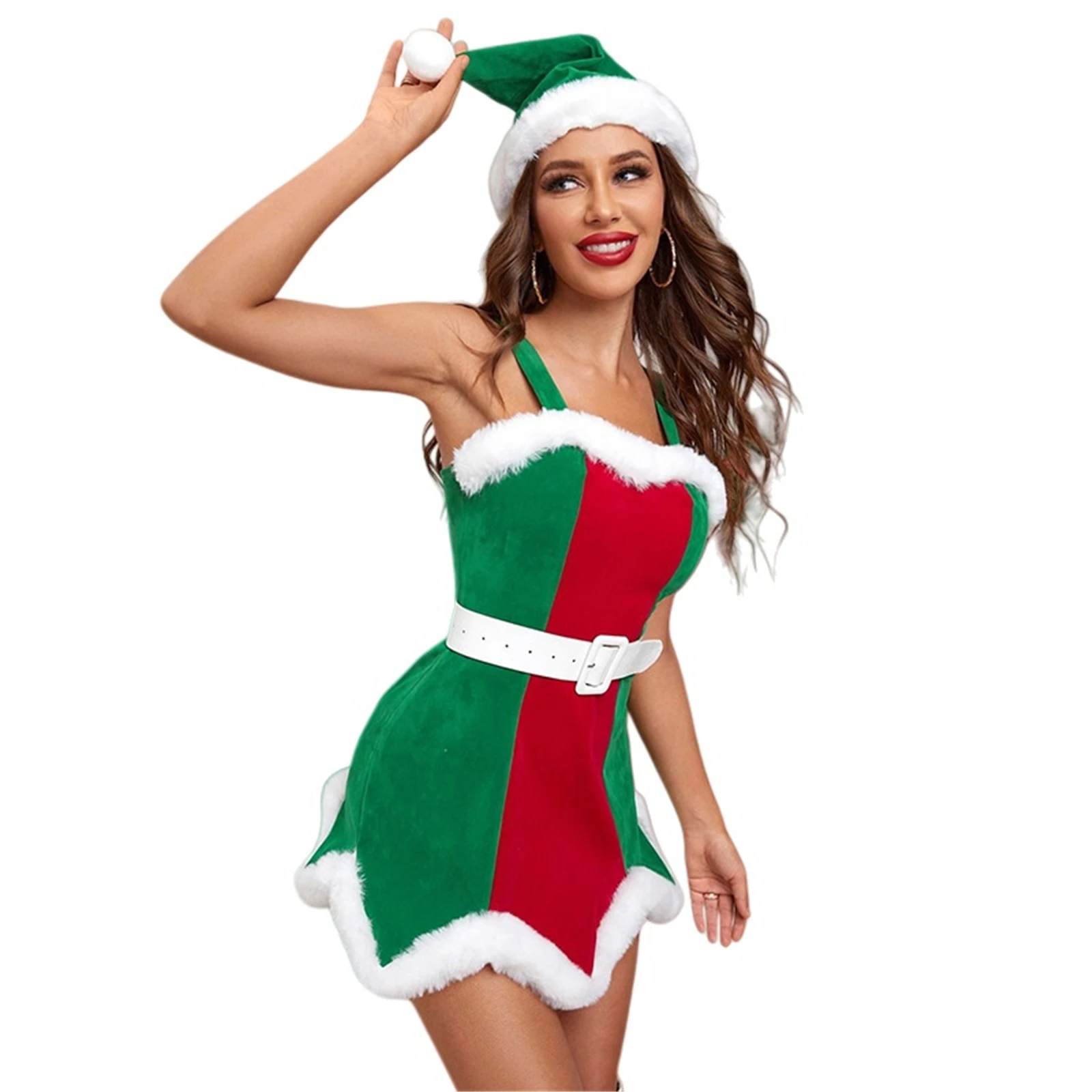 Robe Mère Noël Sexy à Bretelles avec Bonnet et Ceinture – photo 7
