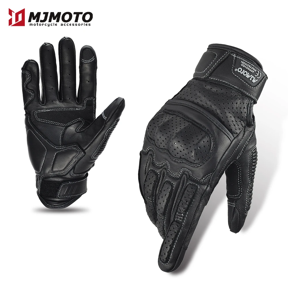 Vintage Brown Leather Touchscreen Motorcycle Gloves for Men - CE Certified Riding Gloves