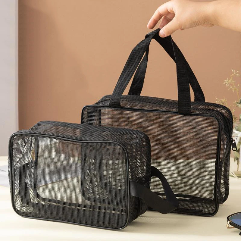 Black Rubber Mesh Portable Cosmetic Storage Bag