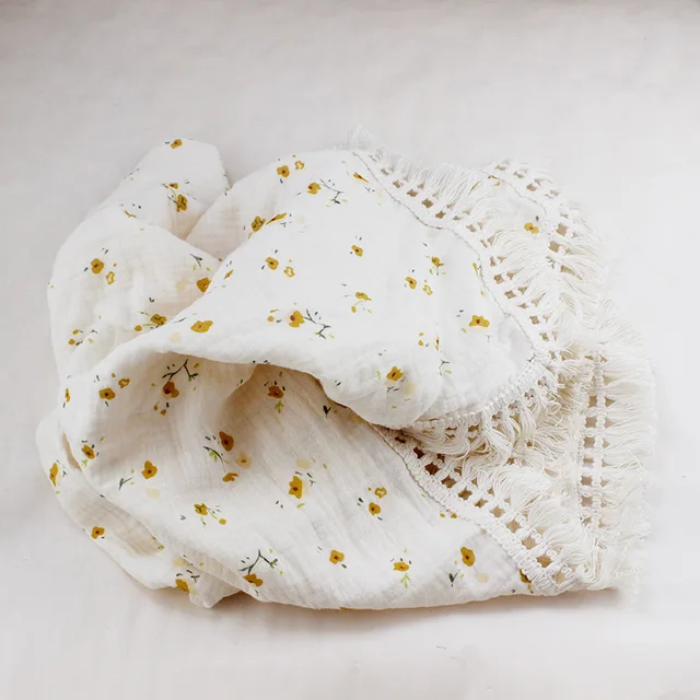 Cotton Muslin Swaddle Blankets for Newborn Baby Tassel Receiving Blanket New Born Swaddle Wrap Infant Sleeping Quilt Bed Cover Yellow flower