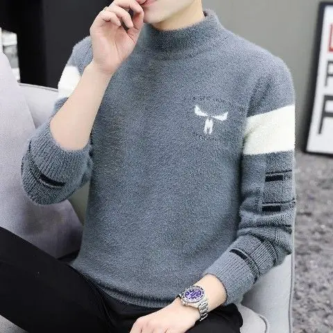 Winter KPOP Fashion Style Harajuku Slim Fit Tops Loose Casual All Match Knitwear Half High Collar Insert Long Sleeve Sweaters