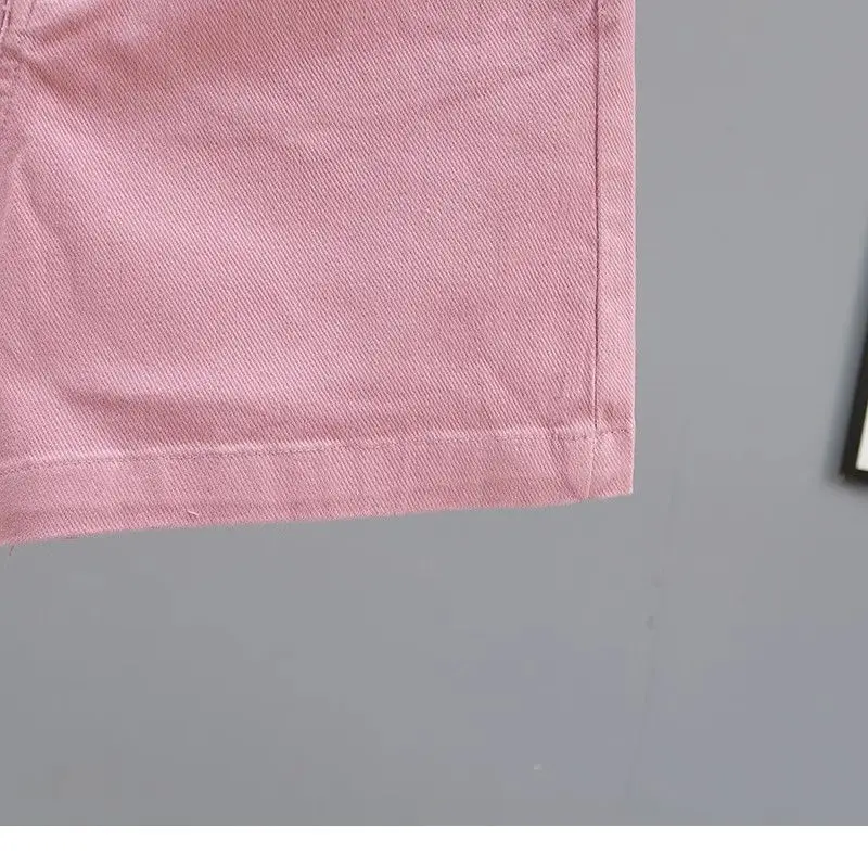 Women's 2024 Summer New Spliced Button Zipper Pocket Fashion Solid Color High-waisted Loose Minimalist Straight Denim Shorts