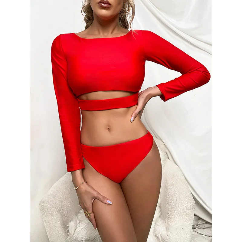 

2024 New Split Bikini Long sleeved Diving Suit Solid Color Swimsuit Swimsuit High Cut Conservative Bikini