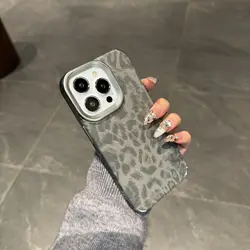 Korean Leopard Print Leather Case - Stylish Animal Pattern Soft Shockproof Back Cover - iPhone 14 (Dark Gray)