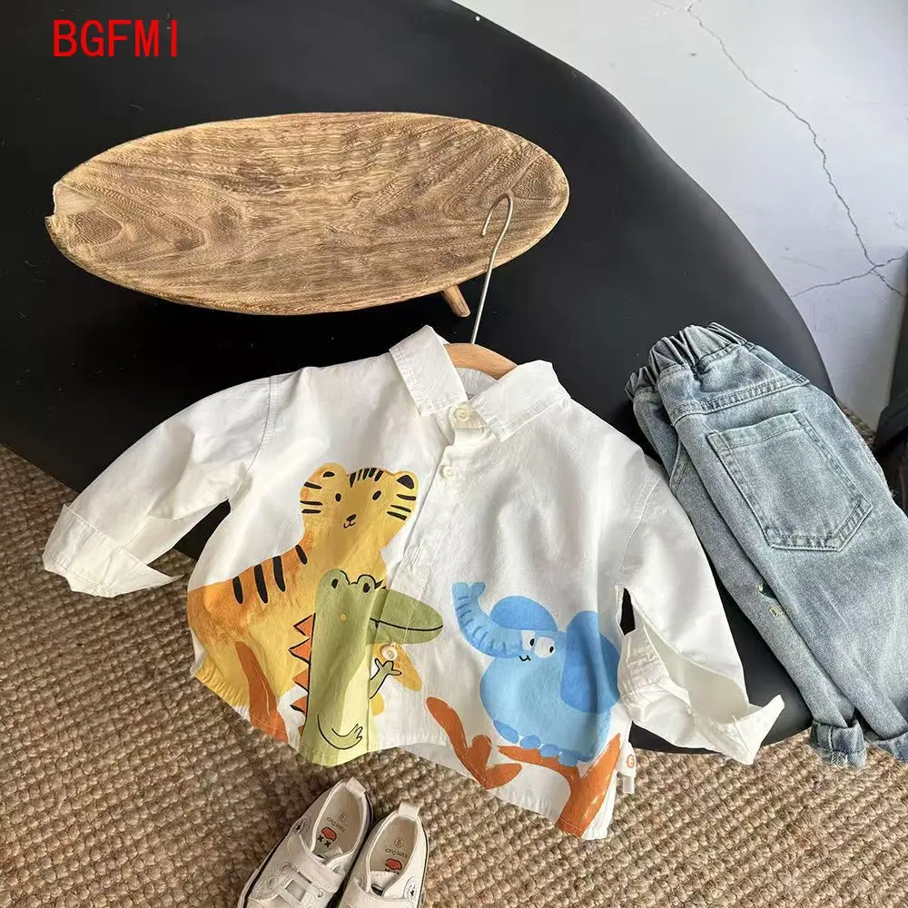 Korean Spring Autumn Clothing Boys Print Cotton Thin Shirts Kid Cartoon Turn-down Collar Loose Long Sleeve Infant Boy Top 1-6Y