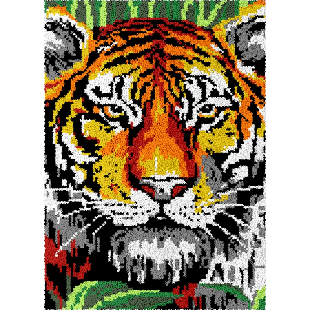 

Latch hook rug kit with print pattern Tiger Carpet embroidery kit with large hook needlework Sewing rugs Rug making supplies