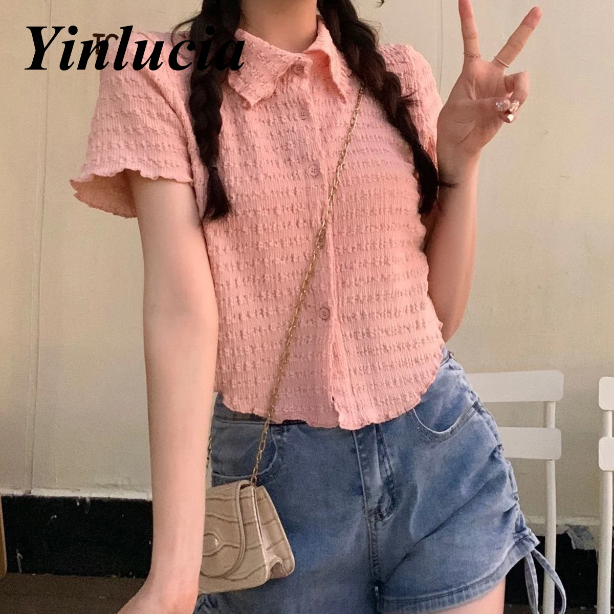 

2022 New Tops Women Blouses Solid Color Tee Polo Neck Thin Pleated T Shirt Casual Sweet Y2K Vintage Wear Summer College Style