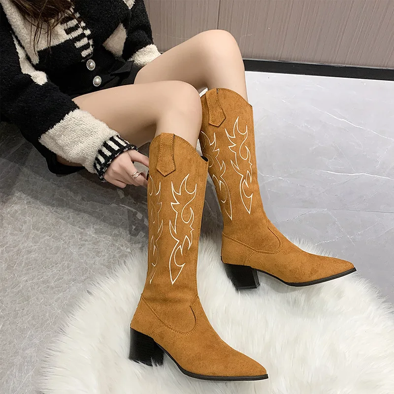 Large Size Women Boots Retro Embroidery Western Denim Boots Women's Pointed High Heels V-neck Knee High Fashion Knight Boots