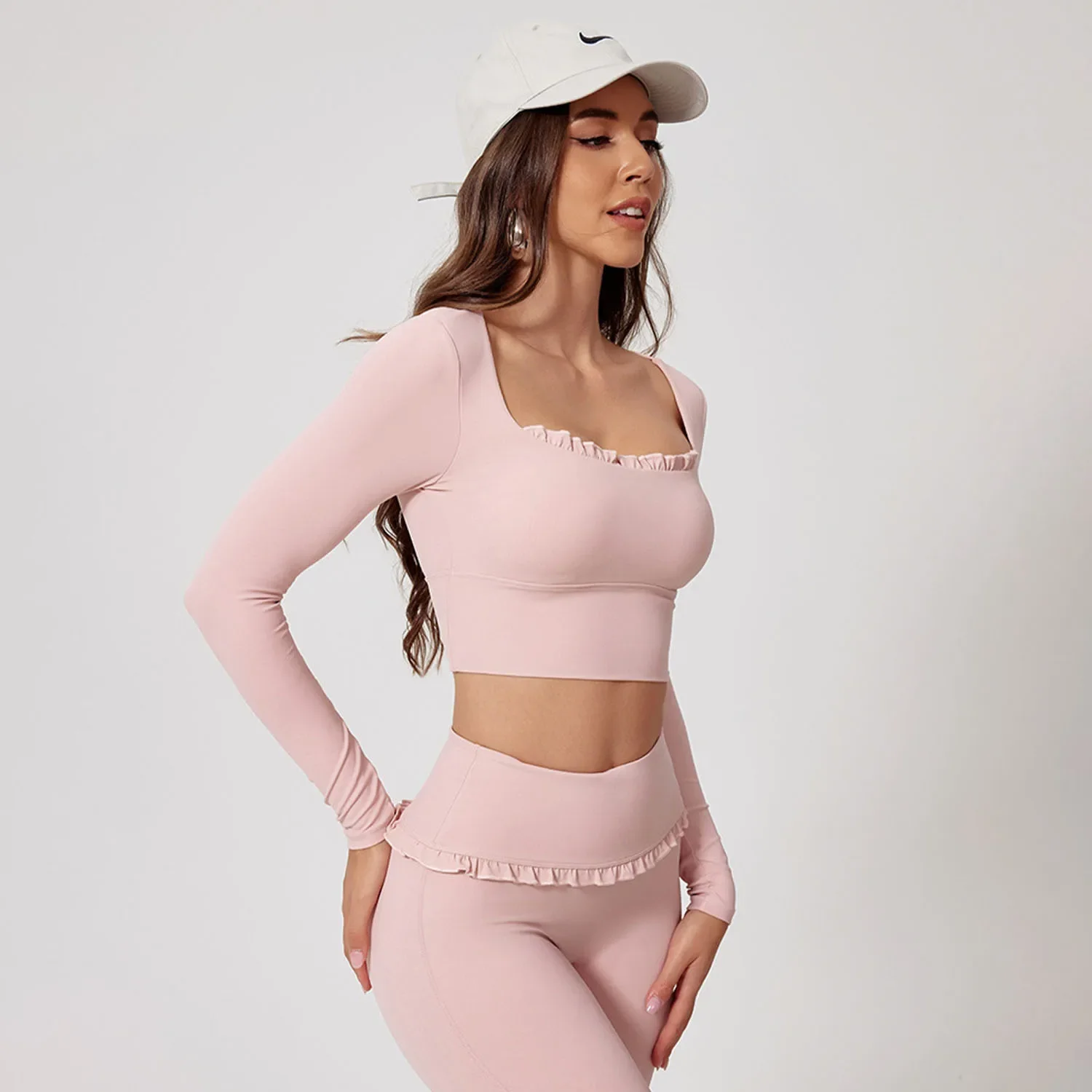 Yoga Top Sports Shirt Fast Drying Fitness Sports Long Sleeve Top Running Square Neck Lace Tight Outwear with Chest Pad Long Sleeve Sports Yoga Clothes