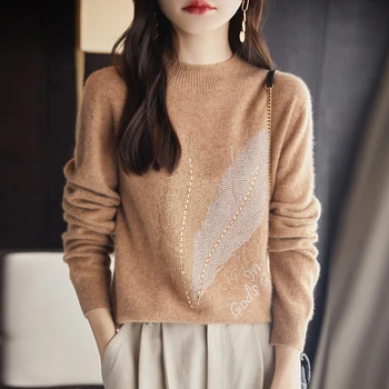 여성용 순수 호주 울 안감, 레디 메이드 의류 잎, 핫 다이아몬드 하프 하이 넥 반팔 모직 스웨터, 가을 겨울 신상