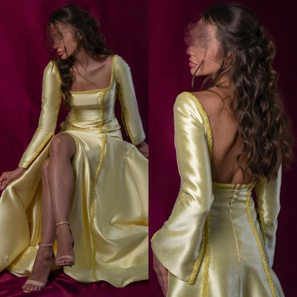 

Prom Dresses Fashion Square Collar Empire A-line Party Dress Long Sleeve Slit Sequin Floor Length Formal Evening Gowns 이브닝드레스