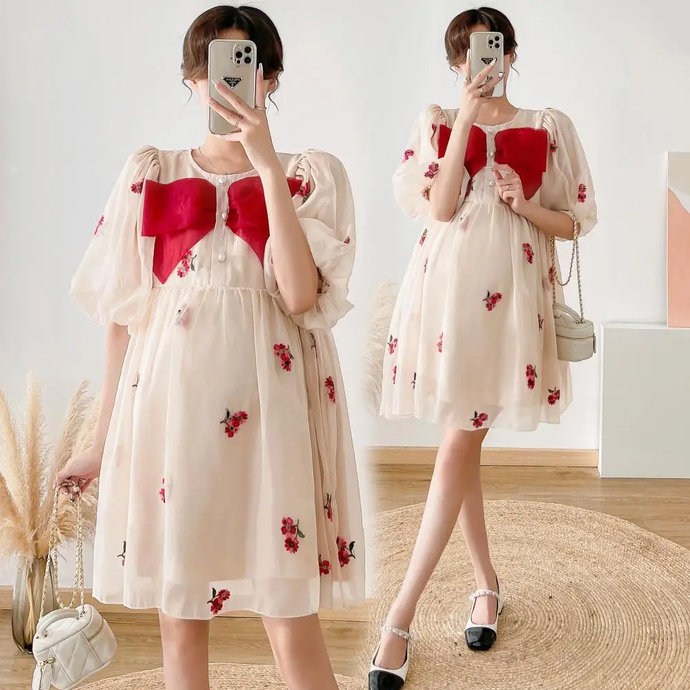 

Korean Style Maternity Chiffon Blouses Sweet Bowknot Short Sleeve Floral Embroidery Pregnancy Shirts Pregnant Woman Mini Dresses