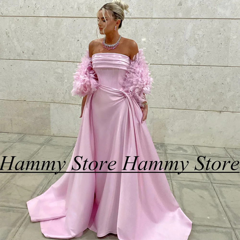 

Yipeisha Pink Arabian Evening Dress with Feathers Shawl Strapless Pleat A Line Saudi Satin Prom Dresses Vestidos De Fiesta