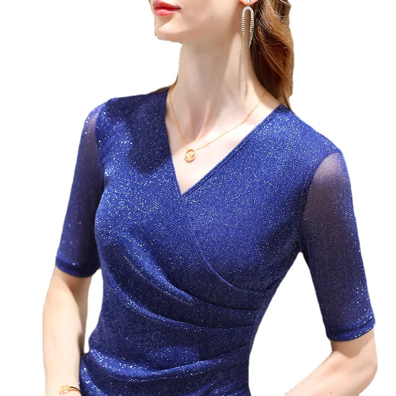 Abbigliamento donna 2022 Ultime camicette di moda T-shirt estiva elegante Spedizione gratuita Camicette elastiche glitterate o top per donna - immagine 5