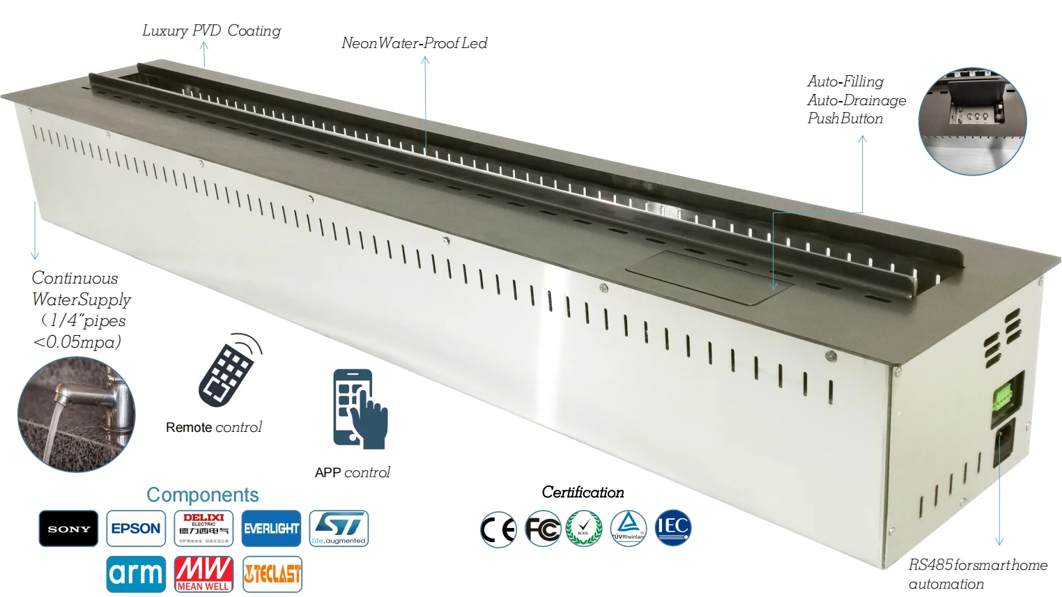 Intelligent Free Standing Electric Stainless Decorative Style Led Flame Indoor Burning 3d Water Vapor Fireplaces 5