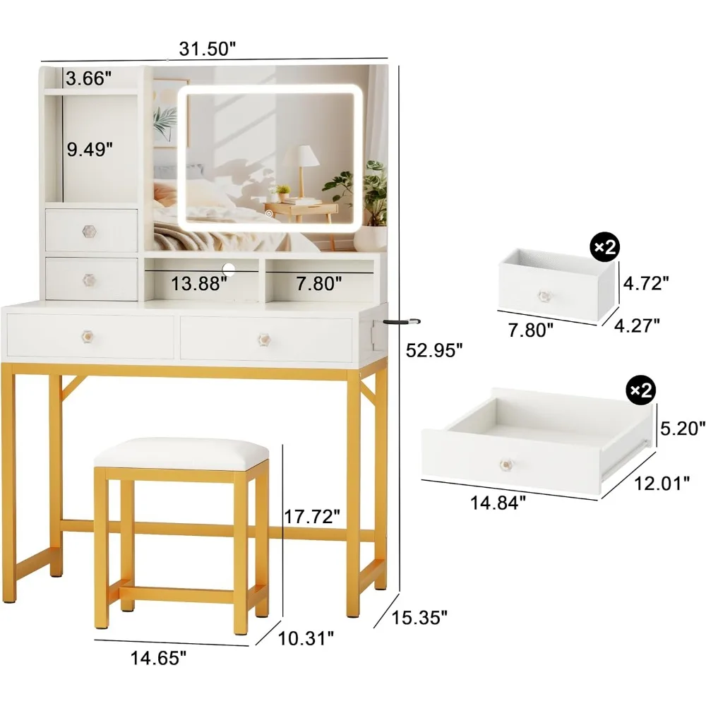 Vanity Desk with LED Lights Mirror and Power Outlets, Small Makeup Vanity Desk Stool Set with 4 Drawers, Dressing Tabl 2