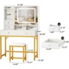 Vanity Desk with LED Lights Mirror and Power Outlets, Small Makeup Vanity Desk Stool Set with 4 Drawers, Dressing Tabl 2