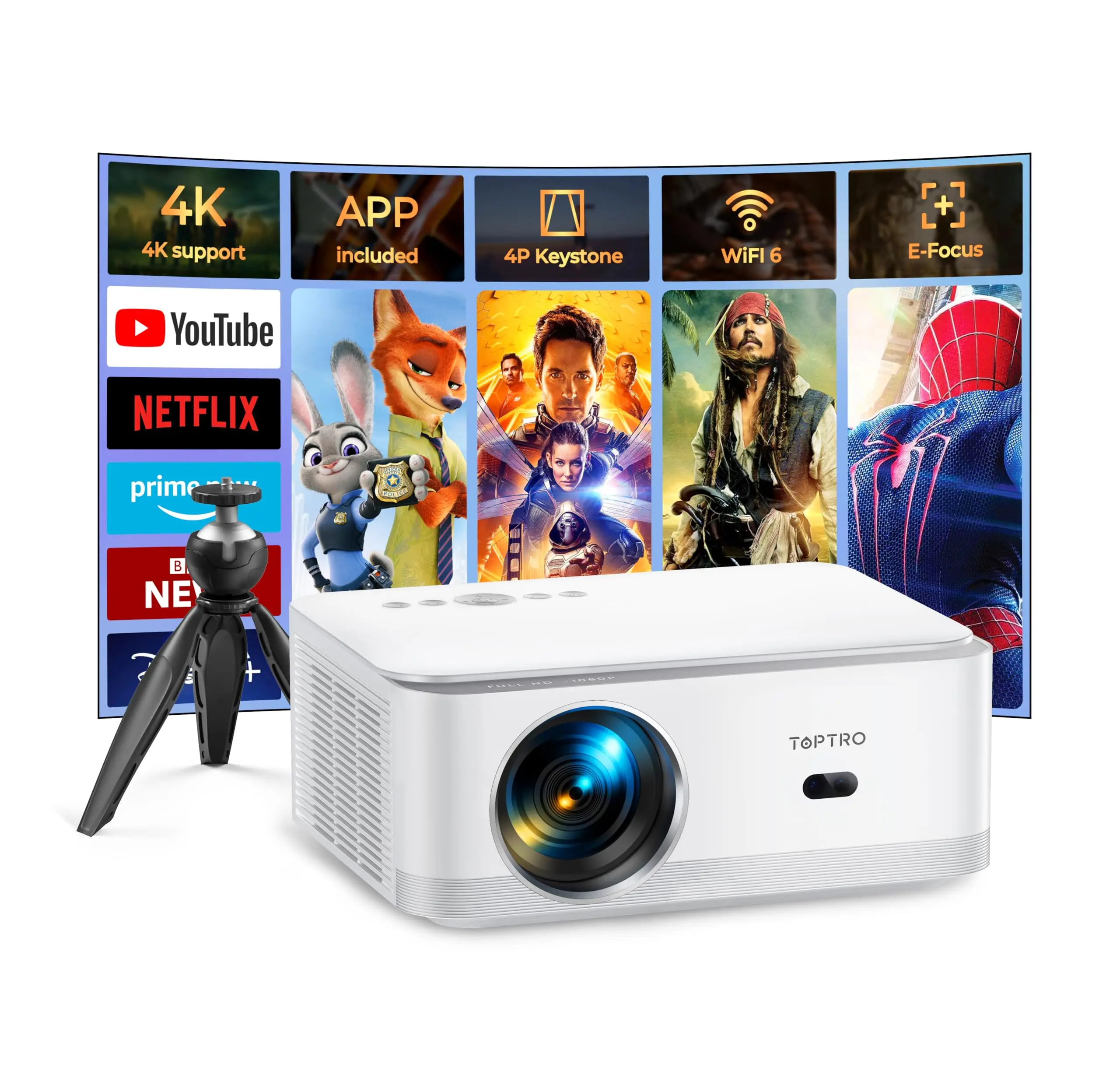 Proiettore Toptro X6 1080P Proiettore Portatile Full Hd 600Ansi Proiettore Android 9.0 Wifi6 Proiettore Esterno Bluetooth Home Cinema