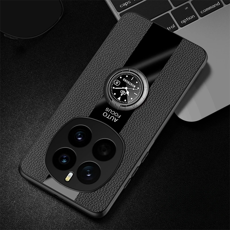 Elegant PU Leather Magnetic Ring Holder Phone Case with Silicone Matte Bumper