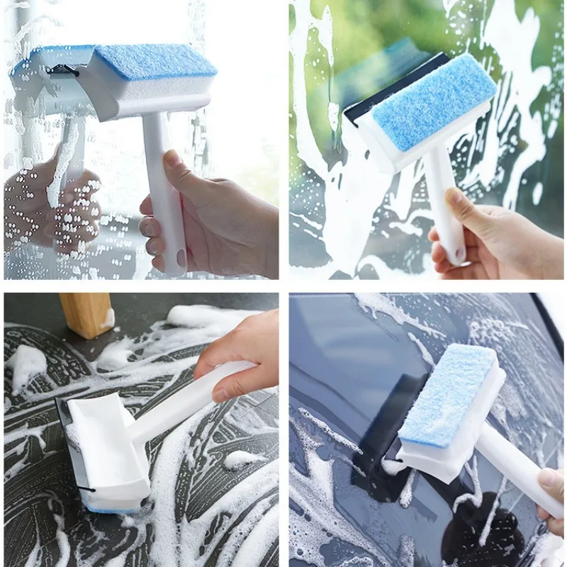 2 in 1 Glass Wiper Window Cleaner Household Window Cleaning Tool Glass Cleaner Dual-use Sponge Cleaning Brush with Holes