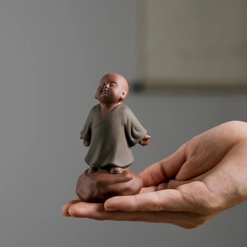Ceramic Small Monk Car Decorations, Chinese Zen Purple Clay Sand, Lovely Tea Pet, Fengshui Zen Buddha Meditation