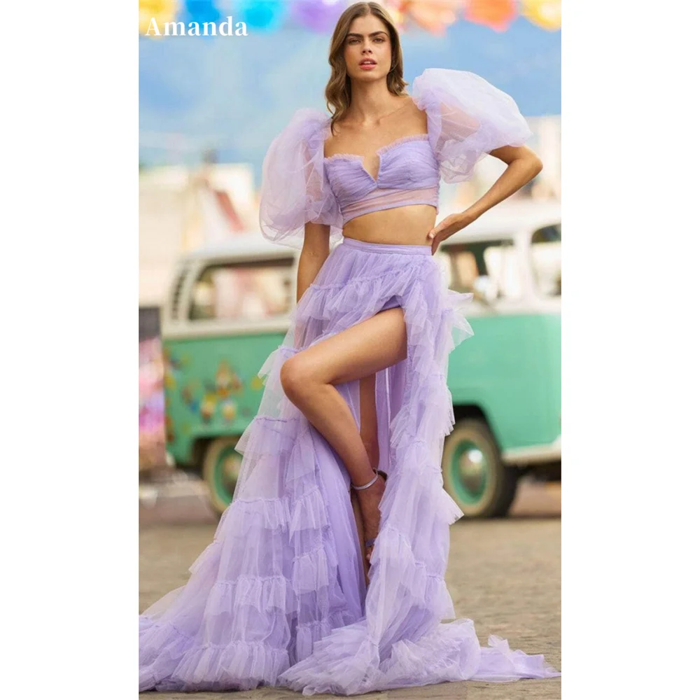 

Amanda Lavender V-neck Prom Dress Elegant Puffy Short Sleeves فساتين السهرة Sexy Side High Split Multilayer Vestidos De Noche