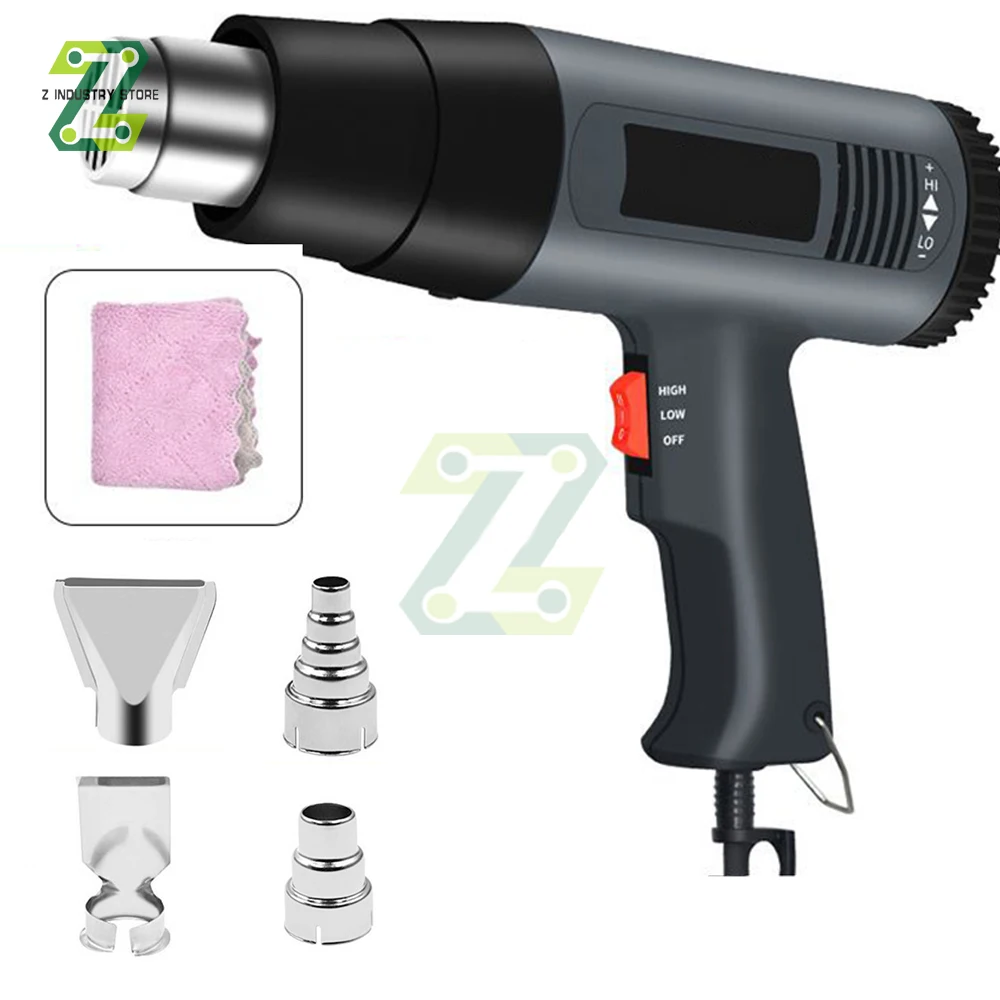 

2000 Вт термофен ЖК-температура Регулируемая мини-тепловая пушка Термовентилятор Термоусадочная упаковка с четырьмя насадками Строительные сушилки